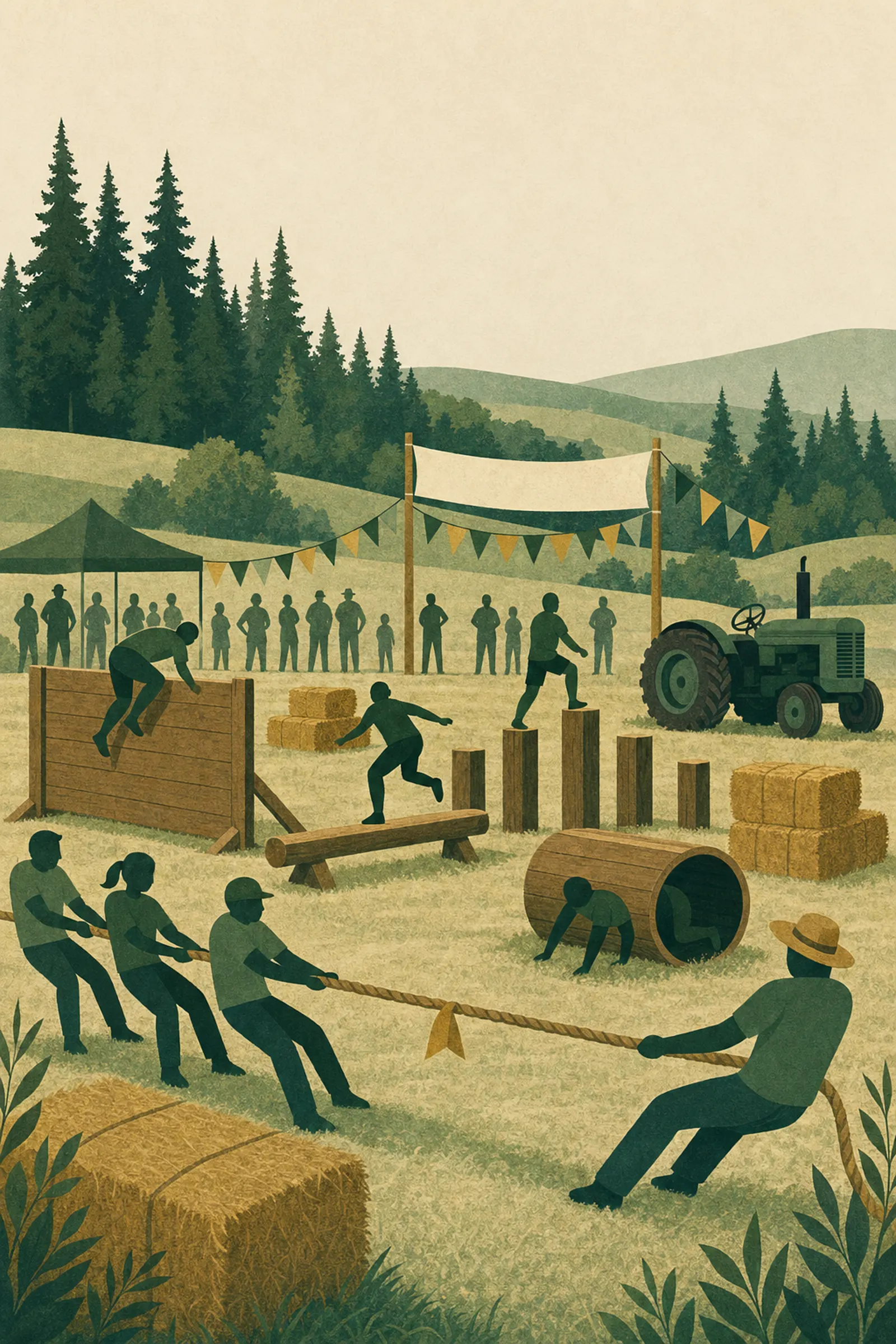 Illustration sommerlicher Dorfspiele auf einer Wiese mit Tauziehen, Hindernissen, Strohballen und einem Traktor