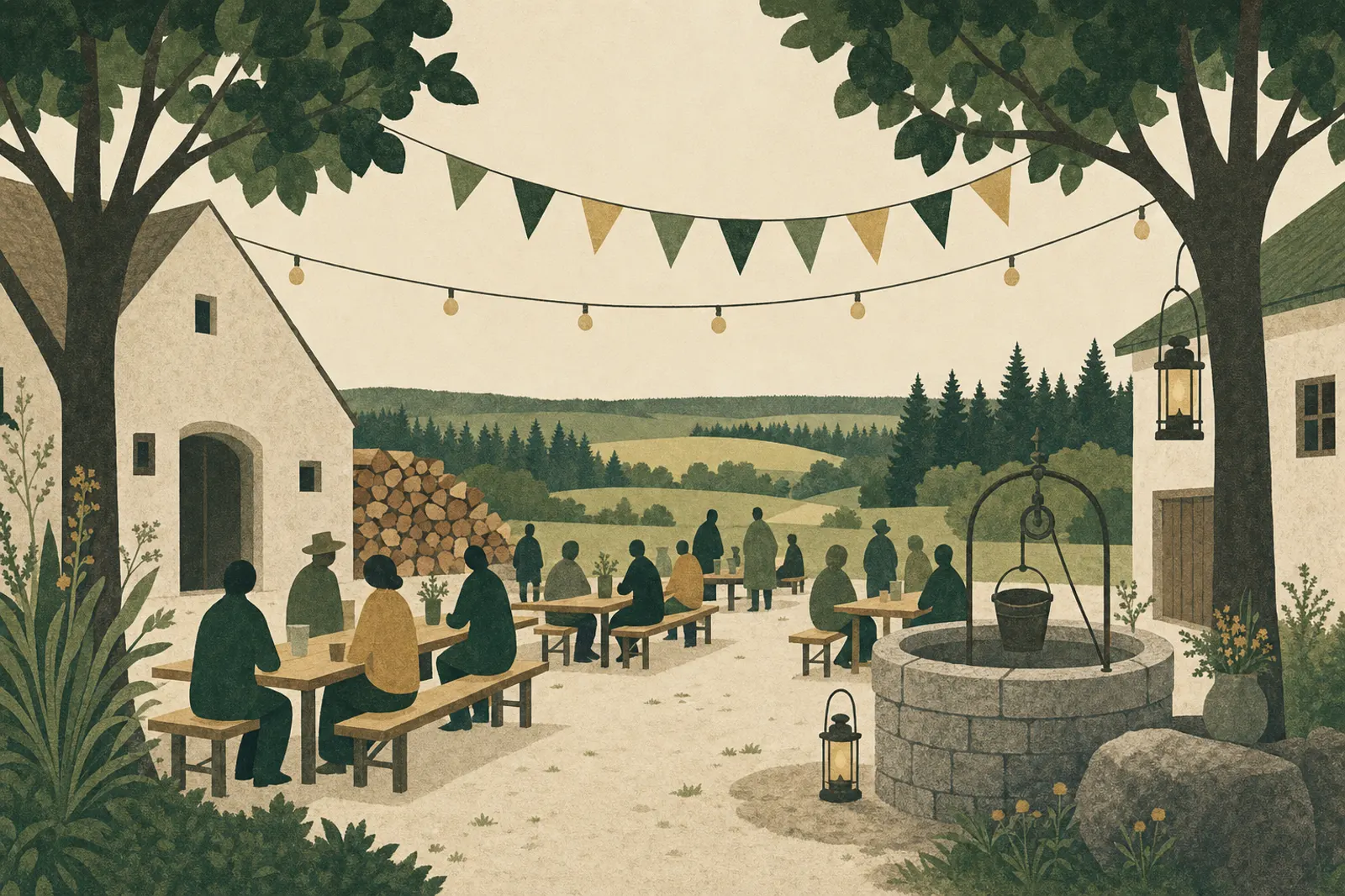 Illustration eines Dorffestes im Hof: lange Holztische, Girlanden zwischen zwei B&auml;umen, Granitbrunnen und Laternen