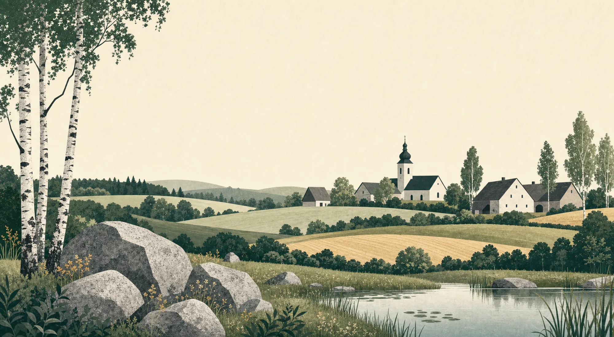 Illustration der Waldviertler Landschaft mit Feldern, Granitsteinen, Birken und einem kleinen Dorf am Horizont