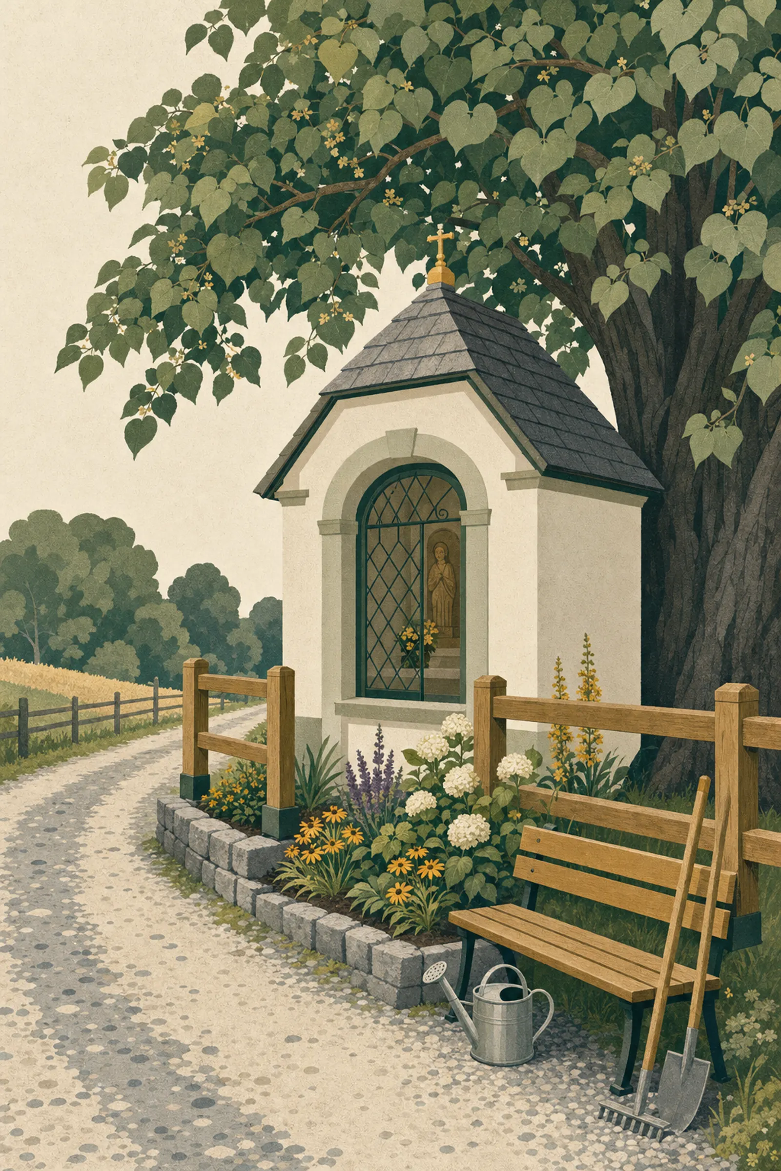 Illustration einer sanierten Wegkapelle mit Blumenbeet, neuer Bank und repariertem Holzgel&auml;nder an einem Dorfweg