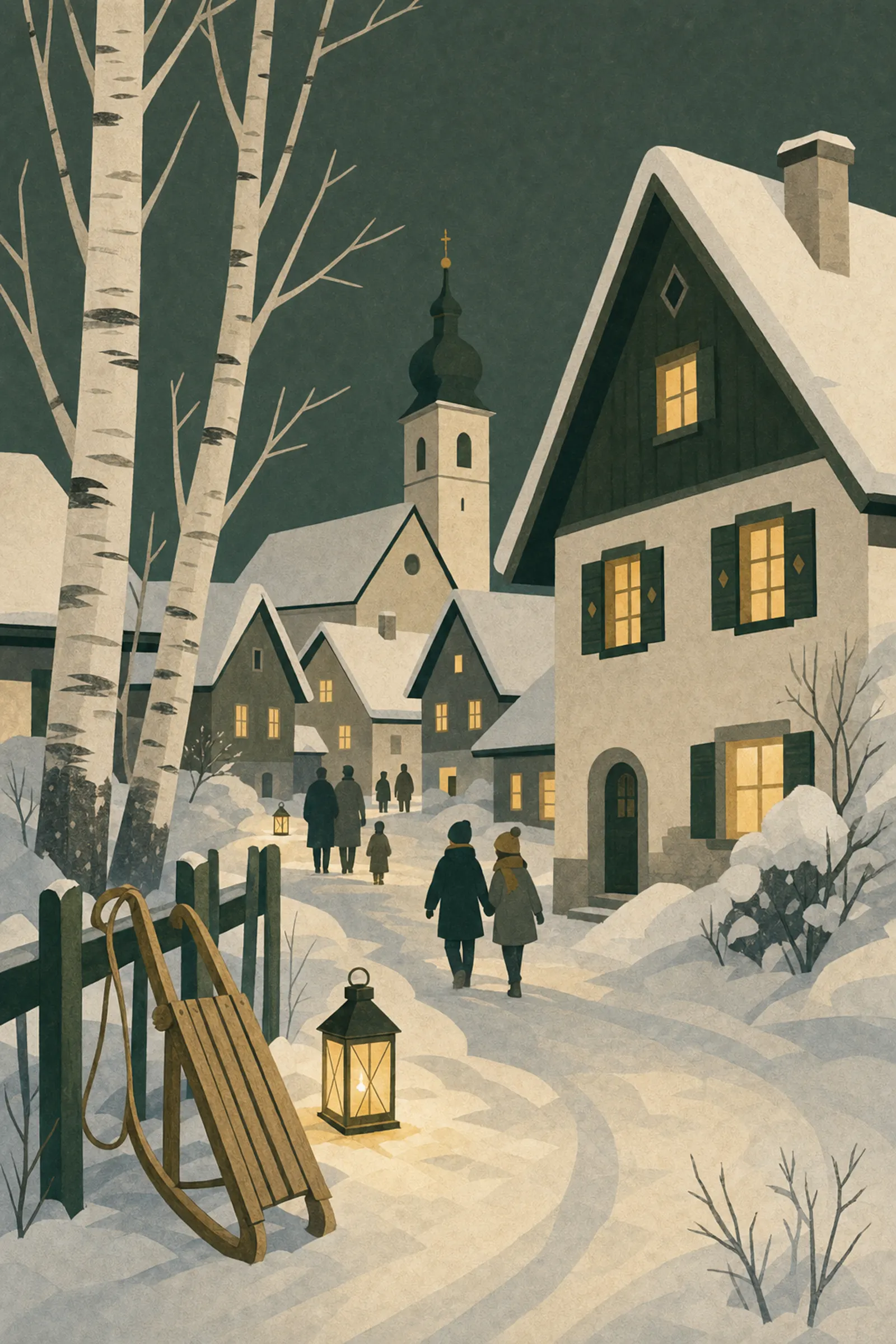 Illustration eines winterlichen Dorfabends mit beleuchteten Fenstern, Laternen, Schlitten und Kirchturm